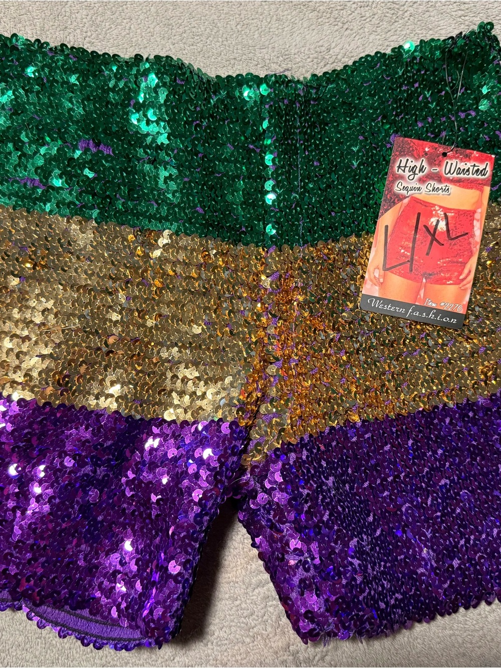 Mardi Gras Sequin Stretchy Shorts in Purple, Green, Gold - L/XL